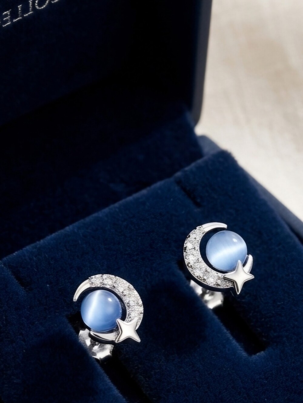 Petite Silver and Cats Eye Moon Star Earrings